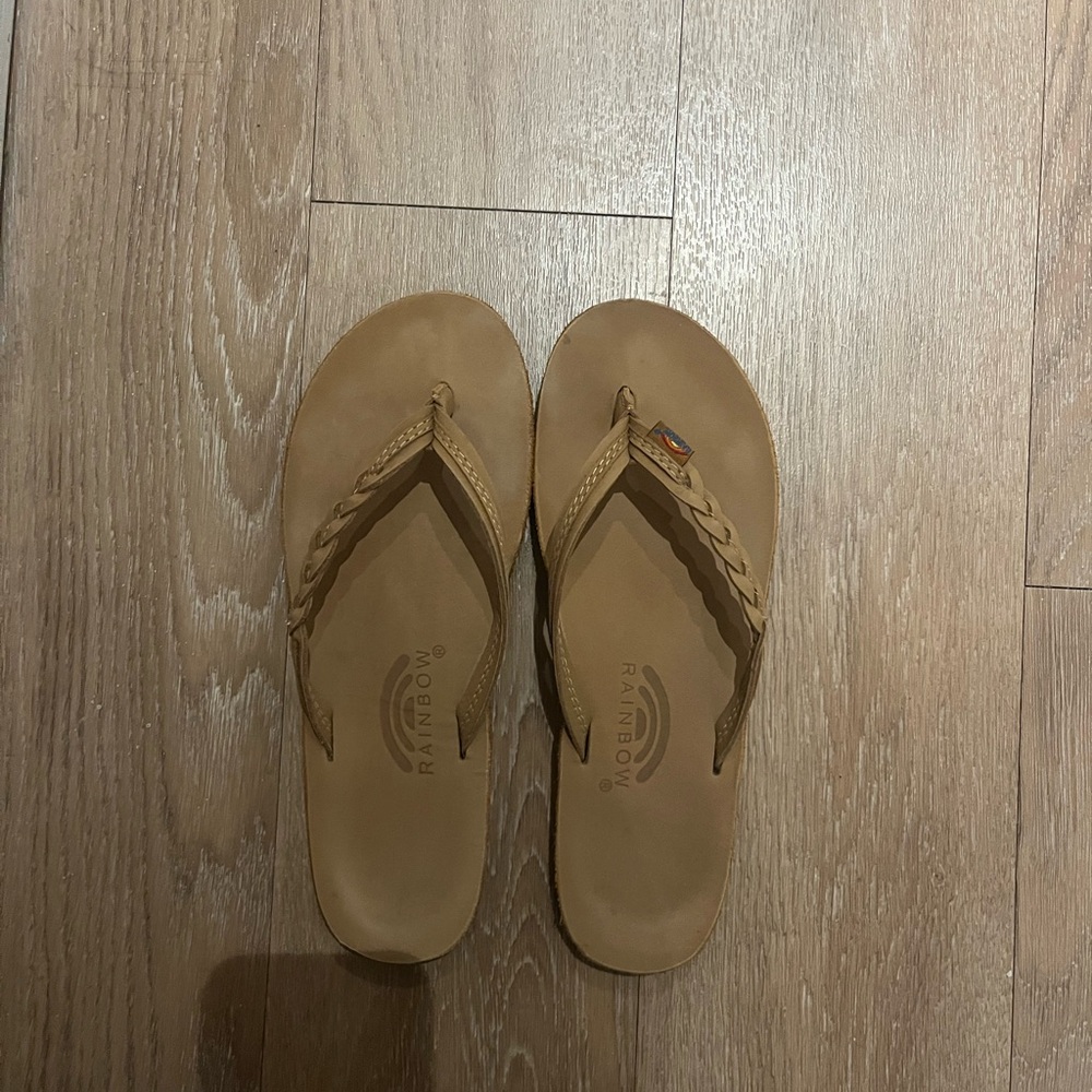 Rainbow Women's Tan Braided Leather Flip Flops